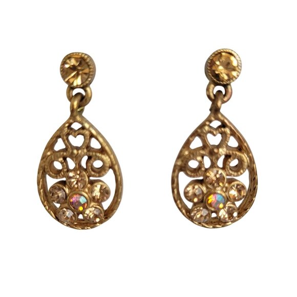 Vintage Womens Gold Toned Floral Rhinestone Tear Drop Dangle Pierced Earrings - Picture 4 of 9